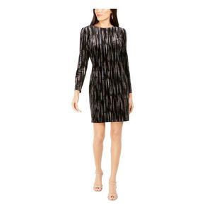 JBS LIMITED Womens Black Printed Long Sleeve Short Cocktail Shift Dress 14